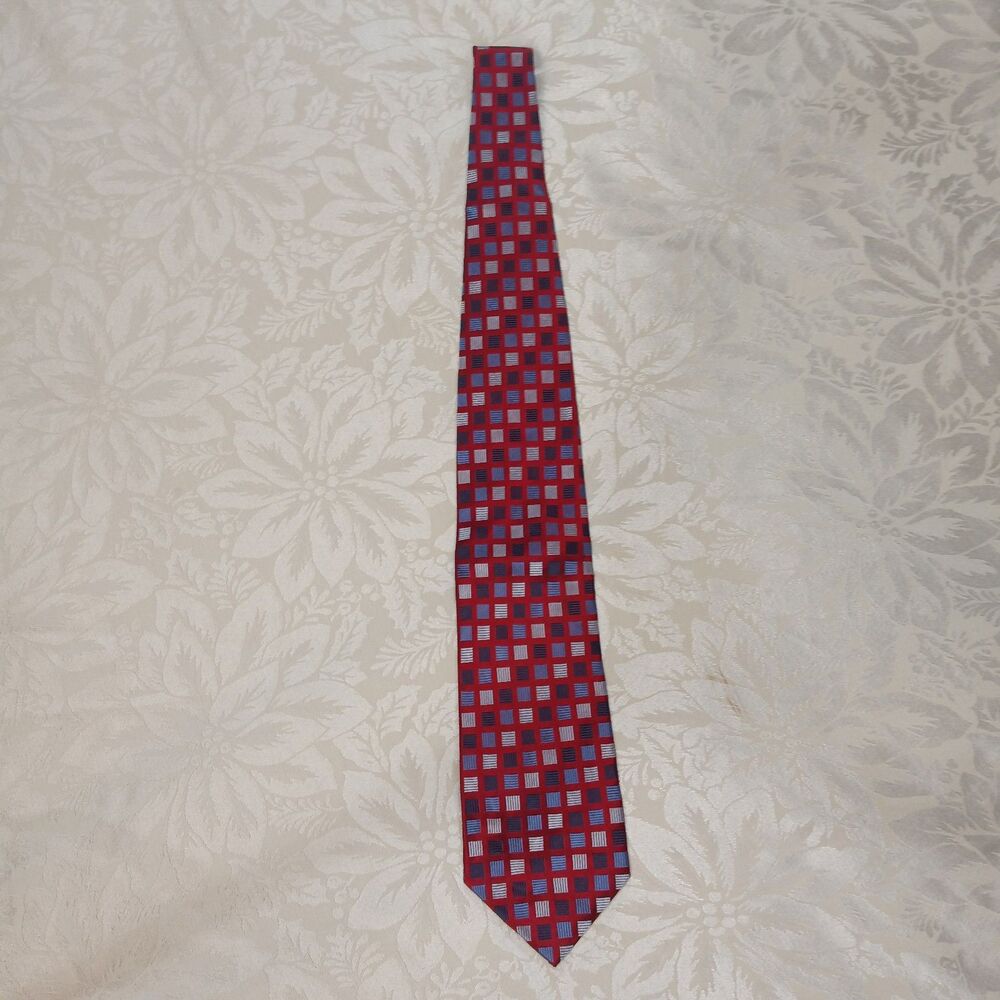 Fabio Fazio 100% Silk Handmade Tie Red Geometric Squares Business Dress 64.5 x 4
